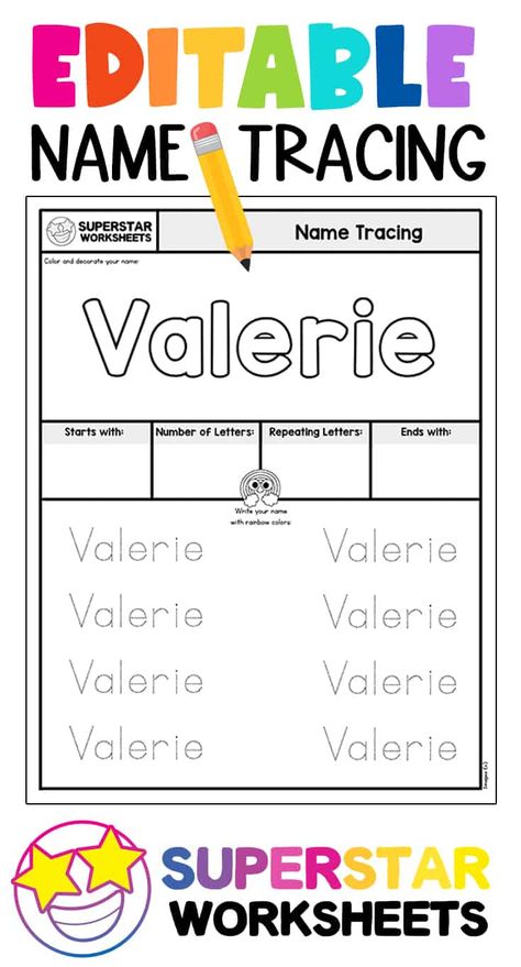 Free editable Name tracing worksheets. Great for extra name tracing practice for preschoolers and students needing a little practice. Try typing in sight words or spelling words for extra practice. Editable Name Practice Free Printable, Free Name Practice Printables, Name Tracing Practice Free Printable, Editable Name Tracing Free Printable, Name Practice Preschool Free Printable, Name Tracing Worksheets Printables Free, Water Activities Preschool, Superstar Worksheets, Preschool Binder