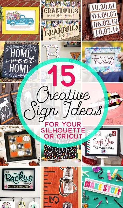 15 Creative Sign Ideas You Can Make with a Silhouette or Cricut | Where The Smiles Have Been #Silhouette #Cricut #DIY #sign #farmhouse #holidaydecor #homedecor #vinyl #HTV #stencils Wood Sign Ideas Sayings, Cricut Board Signs, Signs To Make With Cricut, Small Sign Ideas, Cricut Sign Ideas, Wall Art With Cricut, Sign Painting Ideas, Diy Signs For The Home, Diy Home Decor Signs