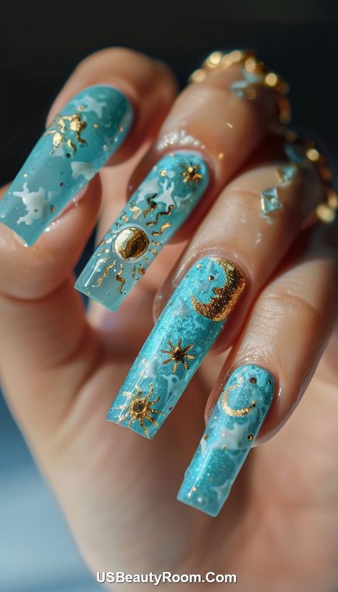 30+ Celestial Nail Designs for 2024 New Orleans Nail Designs, Celestial Nails Acrylic, Starry Nail Designs, Mystical Nail Designs, Aquarius Nail Designs, Astrology Nail Art, Saturn Nails, Nail Charm Ideas, Moon And Stars Nails