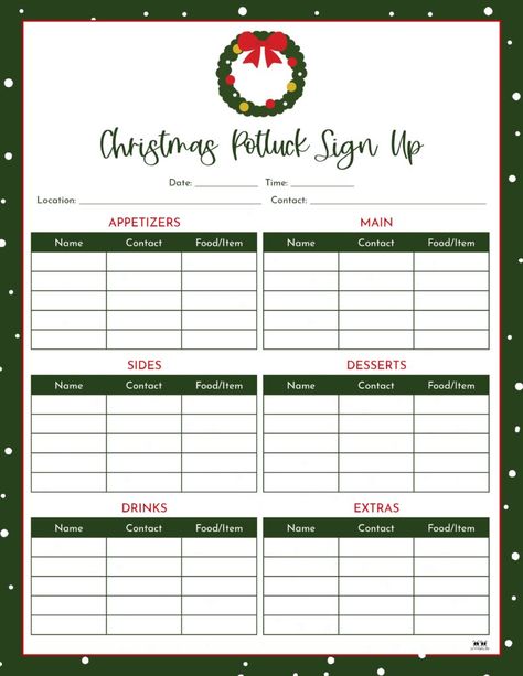 Choose from 74 unique potluck sign up sheets across 13 different events to make sure your potluck is promoted and organized. 100% FREE! Print from home! Christmas Potluck Sign Up Sheet, Potluck Sign Up Sheet, Christmas Potluck, Sign Up Sheets, Free Print, Planning Printables, Party Signs, Free Christmas, Party Event