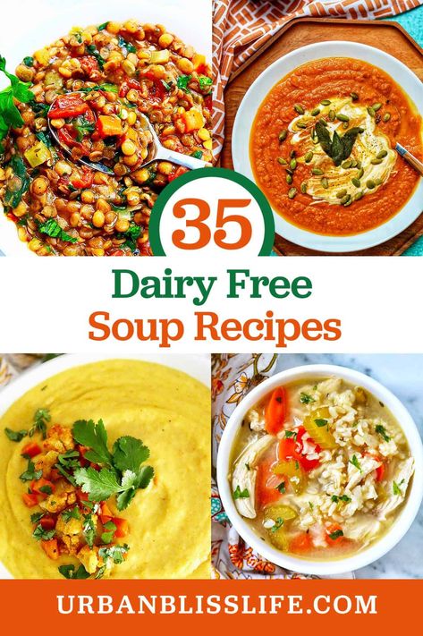 These 35 Dairy Free Soup Recipes are full of flavor without any milk or cream. Get this dairy-free soup recipe collection at UrbanBlissLife.com. Dairy Free Soup Recipe, Clean Eating Soup, Dairy Free Soup, Gut Healing Recipes, Creamy Chicken Soup, Clean Eating Lunch And Dinner Recipes, Fall Soup Recipes, Fall Soup, Healing Recipes