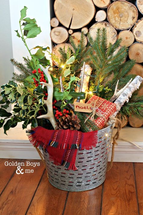 Living Room With Faux Fireplace, Golden Boys And Me, Noble Fir Christmas Tree, Bucket Decor, Olive Bucket, Holiday Home Tour, Traditional Christmas Decorations, Christmas Wonderland, Christmas Porch