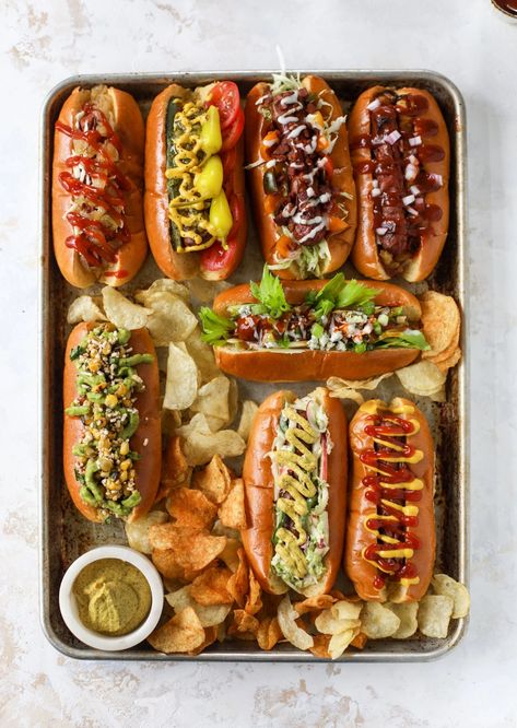 Hot Dog Bar - How to Make a Hot Dog Bar + 8 Fancy Hot Dogs Gourmet Hot Dogs, Grilled Corn Salad, Hot Dog Bar, Apple Slaw, Spicy Brown Mustard, Bacon Tomato, Hot Dog Recipes, Summer Cookouts, Snacks Für Party