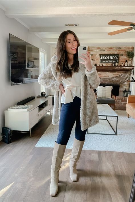 winter knee high boots White Tall Boots With Jeans, Tall Knee High Boots Outfit, Cream High Boots Outfit, Tall White Boots Outfit Winter, Knee High Cream Boots Outfit, Cream Tall Boots Outfit, Tall Cream Boots Outfit, Tall Boots Outfit 2024, White Jeans Outfit Dressy