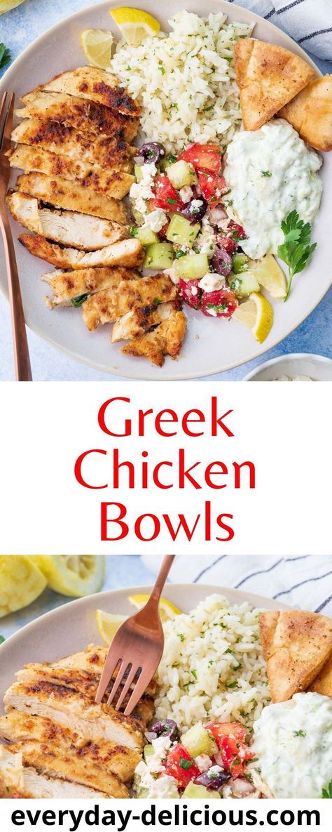 Greek chicken bowls make a light and easy meal that is just bursting with flavor. Juicy and crispy chicken, quick Greek salad, flavorful lemon rice, and zingy tzatziki sauce. You won’t have enough of this delicious dish! Greek Chicken Rice Bowls, Chicken With Taziki Sauce, What To Eat With Taziki Sauce, Chicken And Taziki Sauce, Easy Greek Bowls, Greek Salad With Tzatziki Sauce, Lemon Tzatziki Chicken Jamie Oliver, Taziki Rice Recipe, Tzatziki Bowl Grilled Chicken