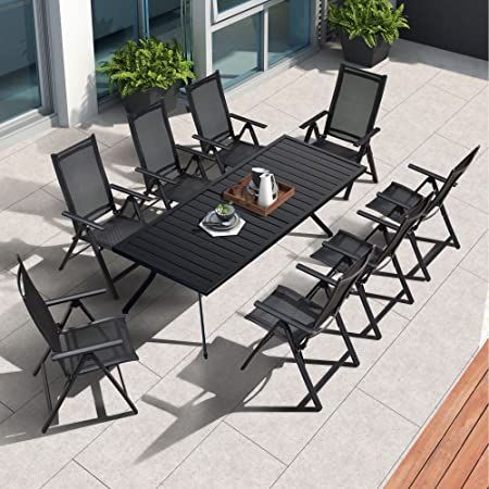 (paid link) PURPLE LEAF Outdoor Dining Set for 8 with All-Aluminum Rectangle Table and Textilene Folding Reclining Chairs Modern Patio Furniture Dining Table Set Deck Balcony, Table Foldable, Reclining Chairs, Outdoor Patio Dining, Modern Patio Furniture, Portable Chair, Porch Deck, Folding Chairs, Modern Patio