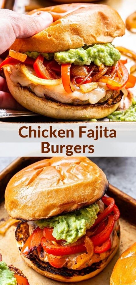 Everything you love about chicken fajitas, in burger form! Juicy chicken fajita burgers are topped with sautéed peppers and onions and a big dollop of guacamole. #burgers #chickenfajitas #fajitas #chickenrecipes #healthydinner Chicken Burger Toppings, Ground Chicken Burger Recipes, Fajita Burgers, Sautéed Peppers, Ground Chicken Burgers, Chicken Burgers Recipe, Savory Foods, Chicken Burger, Chicken Fajita