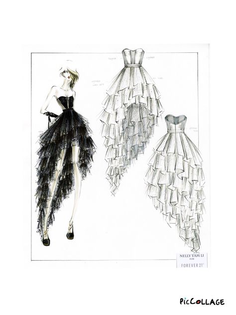 My favourite. Cute ruffles and love the descending skirt. Beautiful in every way Fashion Design Inspiration, Fashion Design Drawing, Fashion Design Sketch, Fashion Sketches Dresses, Fashion Drawing Dresses, Fashion Design Portfolio, Sketches Dresses, Fashion Sketchbook, High Street Fashion