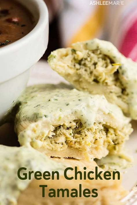 This tomatillo sauce is easy to make and tastes amazing. The tartness of the tomatillo chicken filling is perfect for chicken tamales. #chickentamales #christmasdinner #tamalerecipe #mexican #tomatillosauce Green Chicken Tamales, Green Tamales, Chicken Tamales Recipe, Homemade Tamales Recipe, Salmon Sauce, Tomatillo Chicken, Masa Recipes, How To Make Tamales, Mexican Tamales