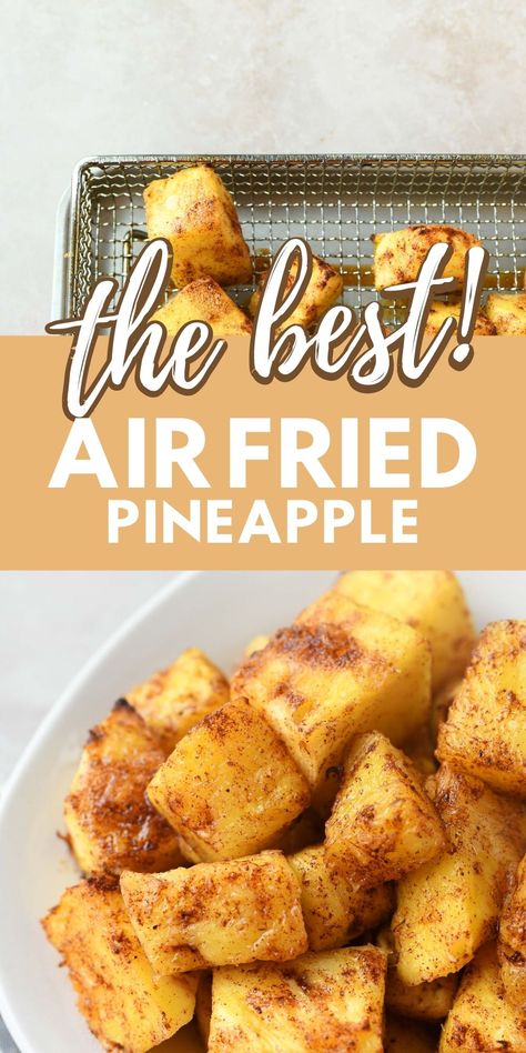 Air Fryer Pineapple (Like Brazilian Grilled Pineapple). The sweetness of the pineapple paired with the brown sugar, cinnamon, nutmeg, and butter make this dish taste like you're eating Brazilian Grilled Pineapple. Plus, it's a breeze to make – just cut up your pineapple, toss with 4 simple ingredients, and throw it in the air fryer! Once done, the pineapple is some of the BEST you can make right in the comfort of your own home! via @sizzlingeats Air Fried Pineapple, Airfryer Desserts, Air Fryer Pineapple, Fried Pineapple, Grilled Pineapple Recipe, Pineapple Recipe, Air Fryer Recipes Dessert, Air Fryer Recipes Snacks, Recipe Air Fryer