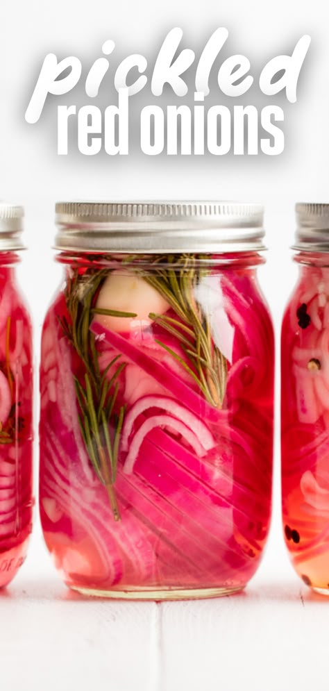 A close up view of a jar of pickled red onions with rosemary and garlic. Red Onion Pickled, Make Pickled Red Onions, Picked Red Onions, Pickle Onions Recipe, Pickled Foods, Pickled Red Onion, Red Onion Recipes, Quick Pickled Red Onions, Dill Recipes