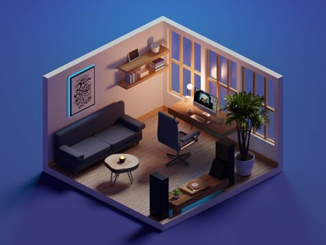 Night Shift by Roman Klčo Isometric Room, Small Space Interior Design, Casas The Sims 4, Bedroom Setup, Isometric Design, 3d Modelle, Gaming Room Setup, Room Planning, Game Room Design