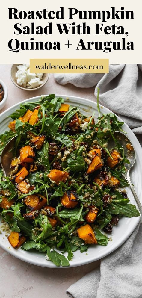 This roasted pumpkin salad is made with quinoa, feta, arugula (rocket), walnuts, and a simple balsamic dressing. It’s a hearty side salad that can be enjoyed warm or cold. Recipe is vegetarian, gluten-free, and can be made vegan. Pumpkin Arugula Salad, Roasted Pumpkin Salad, Candied Walnuts For Salad, Balsamic Dressing Recipe, Roast Pumpkin Salad, Pumpkin Dinner, Salad With Quinoa, Pumpkin Quinoa, Arugula Recipes