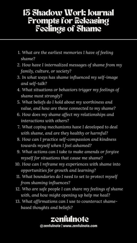 Releasing feelings of shame through shadow work involves exploring the roots of these feelings, understanding how they've shaped your life, and cultivating practices that foster self-acceptance and compassion. Tackling these questions is a courageous step toward healing. Resentment Shadow Work, Ego Shadow Work Prompts, Ego Shadow Work, Shadow Work For Shame, Shadow Work Abandonment, How To Release Shame, Shadow Work Shame, Confidence Shadow Work, Shame Journal Prompts