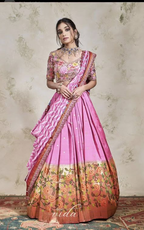 Paithani Half Saree Designs, Paithani Lehenga, Pink Paithani, Patola Sari, Saree Function, Half Saree Function, Designer Bridal Lehenga Choli, Lehenga Saree Design, Half Saree Lehenga