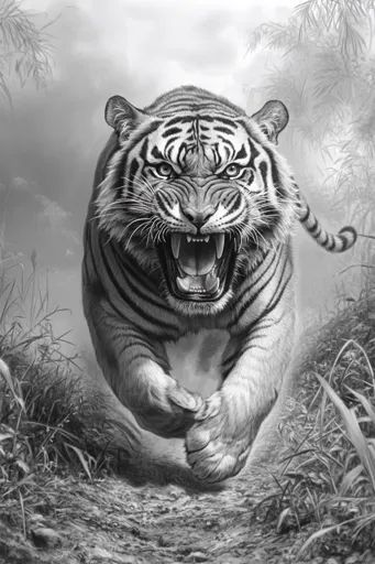 ↑↑↑ Larger size on website 🔸 A black and white image of a tiger snarling with its mouth open, revealing sharp teeth. The tiger ha Angry Tiger Drawing, Tiger Attacking, Running Tiger, Tiger Attack, Angry Tiger, Tiger Artwork, Tiger Drawing, Animal Illustration Art, Sharp Teeth