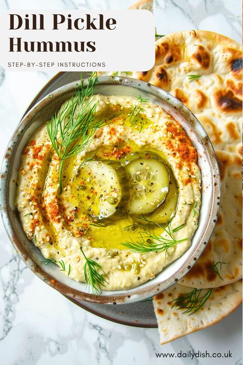 Dill Pickle Hummus Pickle Hummus Recipe, Dill Pickle Hummus, Pickle Hummus, Pickle Seasoning, Mediterranean Snacks, Classic Hummus, Dill Pickle Recipe, Creamy Hummus, Hummus Recipe Homemade