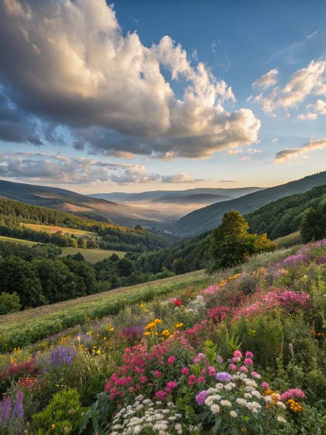 A beautiful valley of flowers. Mountain And Wildflowers, Field Of Flowers Photography, Pretty Pictures Of Nature, Wild Flowers Meadow, Wild Flower Field Aesthetic, Forest Flowers Aesthetic, Flower Fields Aesthetic, Field Of Flowers Aesthetic, Flower Meadow Aesthetic