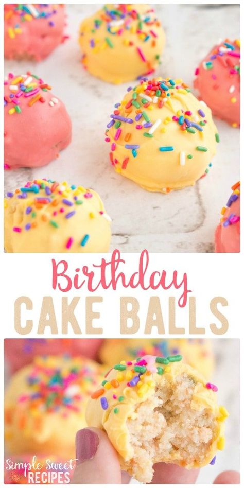 Confetti cake and sprinkles combine for these moist, delicious Sprinkle Birthday Cake Balls. A traditional birthday cake made easier to serve - grab a bite and go! Add candles for a miniature birthday cake! via @simplesweetrecipes Birthday Cake Balls, Sprinkle Birthday Cake, Traditional Birthday Cake, Cake Pop Receita, Sprinkle Birthday, Sprinkles Birthday Cake, Simple Dessert Recipes, Cake Ball Recipes, Cake Ball