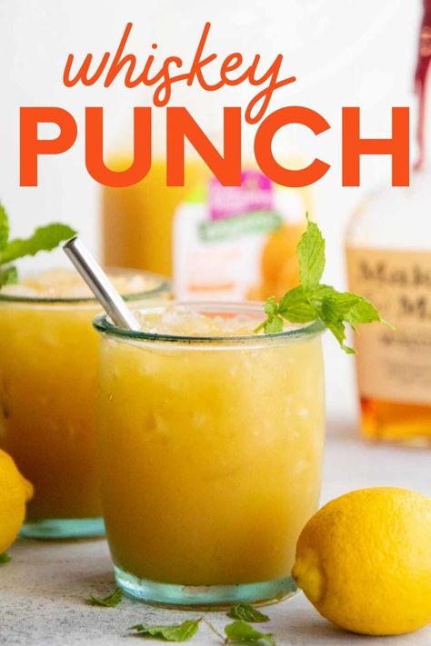 Hosting a party? Try mixing up a Whiskey Punch — a recipe blend of whiskey, black tea, and citrus. Cheers! Whiskey Punch Recipes, Whiskey Punch For A Crowd, Whiskey Punch, Yummy Summer Drinks, Thanksgiving Cocktails, Freshly Squeezed Orange Juice, Citrus Juice, Easy Drink Recipes, Whiskey Drinks