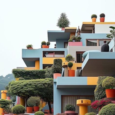 Midjourney Architecture on Instagram: "Follow @midjourney.architecture 🤍 Created by @darylanselmo 230629 - geometric colorfield buildings, with bauhaus influence and topiary; set in #midjourney v5.2, #photoshop #generativefill . in smartly-arranged gardens, bauhaus shakes hands with colorfield. simple forms and vivid hues neatly tuck into a geometric layout punctuated by topiary. straight angles are softened by manicured shrubs, curves and sculpted trees. a sleek, seamless blend unfurls like an Geometric Layout, Straight Angle, Shake Hands, Colour Field, Simplest Form, Photoshop Lightroom, Lightroom, Trees, Carpet