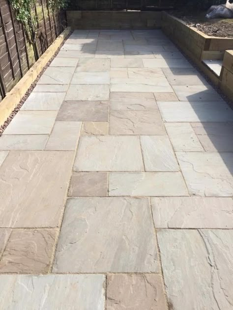 Sandstone Patio, Stone Patio Designs, Indian Sandstone, Indian Stone, Garden Retaining Wall, Paver Designs, Stone Pavers, Sandstone Paving, Patio Pavers Design