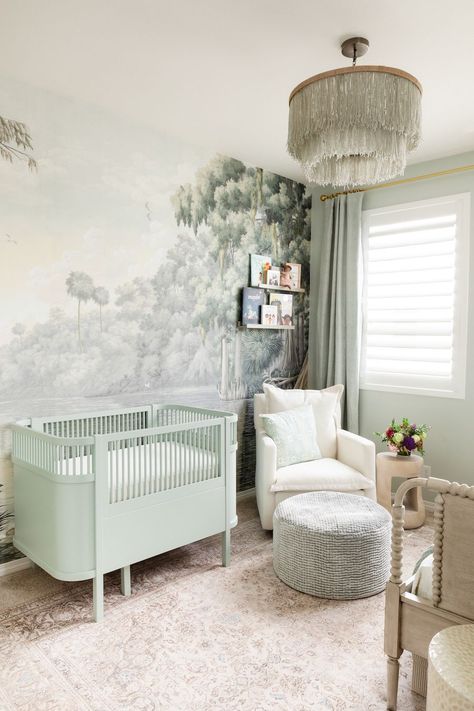 Nature Wallpaper Mural in Southern Inspired Nursery Blush Nursery Ideas, Southern Nursery, Nursery Window Treatments, Nursery Interior Design, Nursery Accents, Nursery Accent Wall, Nursery Mural, Nursery Room Design, Baby Room Inspiration