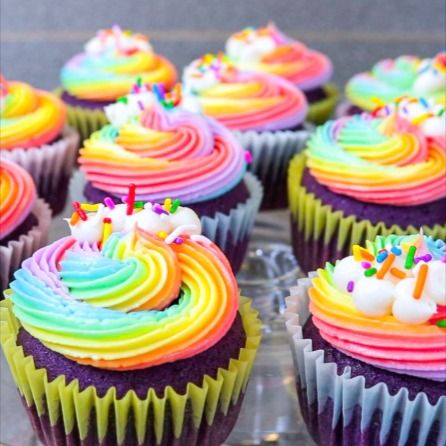 Learn how to make Rainbow Ube Cupcakes! Deliciously moist ube cupcakes are topped with a coconut rainbow frosting and decorated with rainbow sprinkles. Enjoy! Ube Cupcakes, Frosting Cupcakes, Rainbow Frosting, Rainbow Sprinkles, Party Desserts, 5th Birthday, Frosting, Sprinkles, Party Ideas