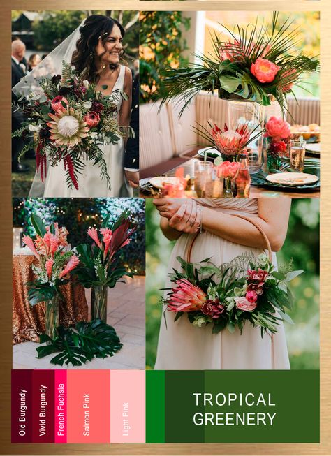 Burgundy Tropical Wedding, Jungle Wedding Color Palette, Tropical Wedding Theme Color Palettes, Hawaiian Wedding Colors, Tropical Color Palette Colour Schemes, Hawaii Wedding Colors Palette, Tropical Fall Wedding, Beach Wedding Theme Ideas Color Palettes, Tropical Wedding Palette