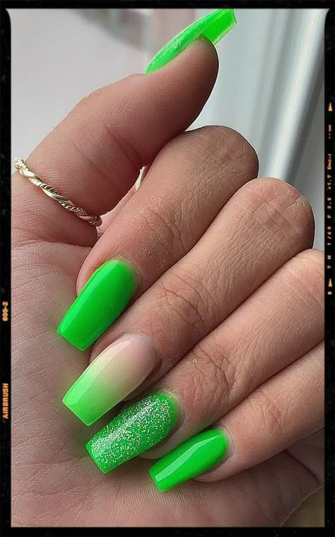 Coffin Nails 💚 Apple Green Nails Acrylic, Like Green And Purple Nails, Neon Square Acrylic Nails, Neon Green And Silver Nails, Neon Lime Nail Design, Green Nail Ideas Coffin, Neon Nail Inspo Acrylic, Neon Green Acrylic Nails Coffin, Kelly Green Nails Acrylic