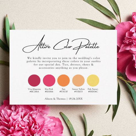 Viva Magenta | Sunset Yellow Wedding Color Palette Enclosure Card Wildflower Color Palette, Yellow Wedding Color Palette, Wedding Attire Card, Sunset Wedding Theme, Magenta Sunset, Sunset Wedding Colors, Yellow Wedding Colors, Bold Wedding Invitations, Sunset Color Palette