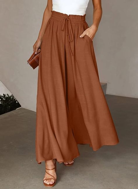 EVALESS Womens Casual Wide Leg Pants Flowy Elastic Drawstring Waist Palazzo Pants with Pockets at Amazon Women’s Clothing store Long Flowy Pants, Pants For Women Casual, Casual Wide Leg Pants, Flowy Pants, Pants With Pockets, Womens Casual, Wide Pants, Spring Outfits Casual, Palazzo Pants