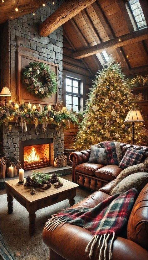 Cabin Christmas Decor Ideas, Cozy Cabin Christmas Decor, Christmas Cabin In The Woods, Lodge Christmas Decor, Lodge Christmas, Cabin Christmas Decor, Cozy Winter Cabin, Cozy Lodge, Cabin Fireplace