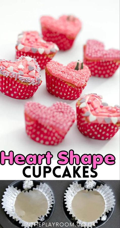 How To Make Heart Shaped Cupcakes, Heart Shape Cupcakes, Cupcakes For Valentines Day, Heart Shaped Cupcakes, Cupcake Tricks, Easy Valentines Cupcakes, Kids Cake Decorating, Shaped Cupcakes, Valentines Treats