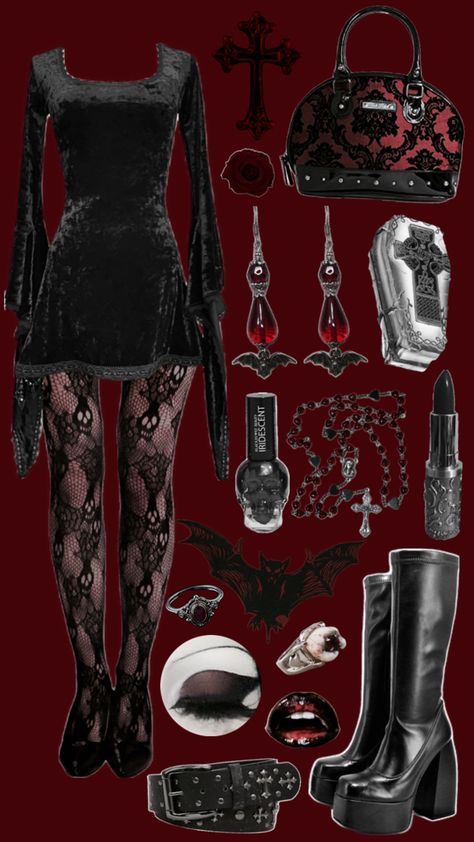 Goth Outfits Winter, Red Goth Outfits, Red Goth, Goth Fits, Vampire Clothes, Black Clothes, Romantic Goth, Grunge Goth, Gothic Outfits