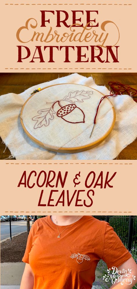 Oak Leaf Embroidery Pattern, Easy Pumpkin Embroidery, Embroidery Oak Leaf, Fall Hand Embroidery Patterns Free, Easy Fall Embroidery Patterns, Acorn Embroidery Pattern, Free Fall Embroidery Patterns, Fall Embroidery Designs Free Pattern, Autumn Embroidery Patterns Free