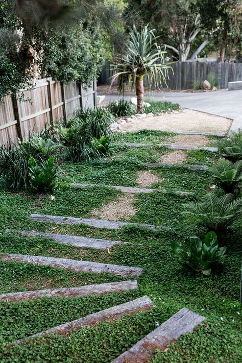 Railway Sleepers Garden, Reclaimed Railway Sleepers, Sleepers In Garden, Sydney Gardens, Australian Garden Design, Landscape Stairs, Coastal Landscaping, Railroad Ties, Coastal Garden