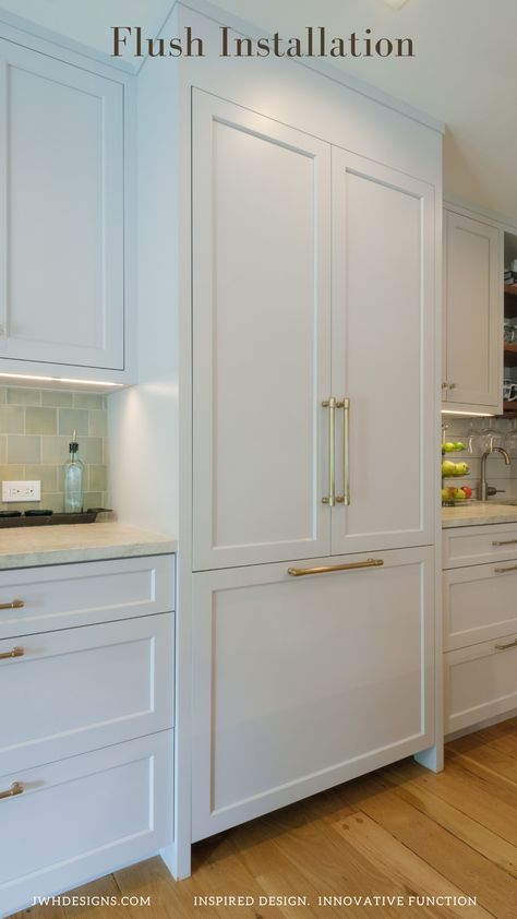 Full Overlay Shaker Cabinets, Fridge Cabinet Surround, Refrigerator Cabinet Surround, Cabinet Depth Refrigerator, Countertop Overhang, Inset Kitchen Cabinets, Full Overlay Cabinets, Paneled Refrigerator, Panel Ready Refrigerator