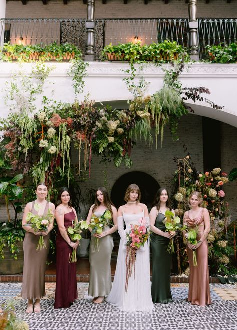 A Chic Whimsical Fairytale Forest Wedding Full of Overgrown Florals Whimsical Garden Wedding Bridesmaid, Purple And Green Bridesmaid Dresses, Fairytale Forest Wedding, Romantic Forest Wedding, Aesthetic Shots, Rose Gold Bridesmaid Dress, Garden Wedding Bridesmaids, Fairytale Forest, Rose Gold Bridesmaid