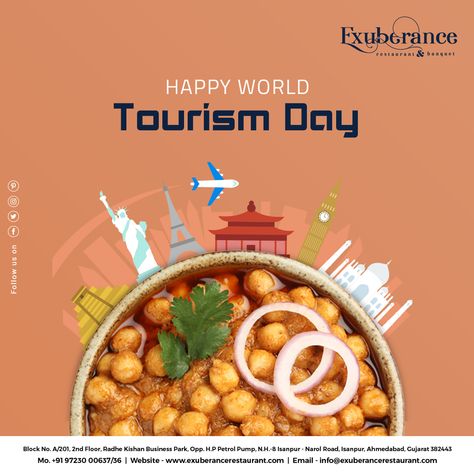 Happy World Tourism Day #world #tourism #worldtourismday #worldtour #Exuberance #Restaurant #Banquet #Ahmedabad Tourism Day Creative Ads, World Tourism Day Creative, National Tourism Day, World Tourism Day, Tourism Day, Creative Ads, Food Poster, Ahmedabad, Tourism