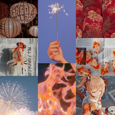 Yoimiya Art, Kira Core, Laptop Backgrounds, Signature Dishes, Goldfish, Fireworks, Genshin Impact, Collage, Wall