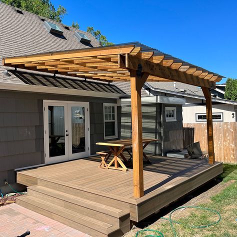 Classic Cedar Pergola with Polycarbonate Roof Supported by LO-PRO Patio Roof Risers | Patio Roof Riser Roof Riser, Polycarbonate Roof, Covered Patio Design, Cedar Pergola, Rustic Patio, Deck Designs Backyard, Diy Porch, Backyard Pergola, Deck With Pergola