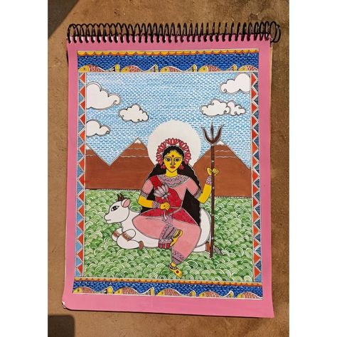 Maa shailputri the first among the navdurgas painted in madhubani painting style aka mithila painting style Maa Shailputri, First Avatar, Mata Parvati, Madhubani Painting, Painting Style, The Divine, Two Hands, Lotus, Avatar