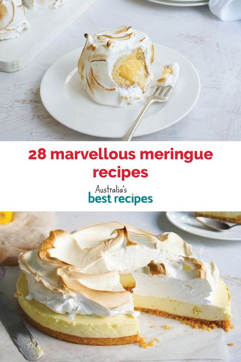 Dig in to these sweet desserts starring meringue. Cake With Meringue, Merangue Recipe With Fruit, Savory Meringue, Brownies With Meringue Topping, Meringue Fruit Dessert, Meringue With Meringue Powder, Baked Meringue, Meringue Desserts, Meringue Recipe