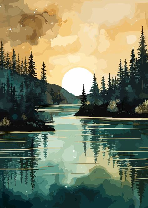 Outdoorsy Paintings, Lake Mural, Nature Murals Painted, Long Painting Ideas, River Painting Acrylic, Lake Painting Easy, Lake Portrait, Lake Tattoo, Long Painting