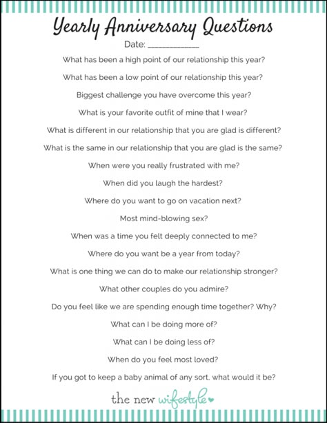 LOVE THIS! Questions to ask each year on your wedding anniversary! Questions To Ask On Anniversary, Questions To Ask On Your Anniversary, Anniversary Activities Couples, Anniversary Things To Do, Anniversary Activity Ideas, Anniversary Questions, Anniversary Activities, Anniversary Ideas For Her, Dating Anniversary Gifts