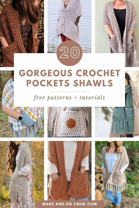 Looking for the best pocket scarves crochet patterns? This collection of crochet shawls and wraps, curated by Make and Do Crew, is for you! From simple to modern, we've got you covered. Some even include hooded long pochet shawl patterns which can ba a stylish accessory. Whether you're making a boho, fringed, or chunky comfort shawl, these pocket shawl crochet patterns will inspire your next project. Visit the blog to get these free crochet patterns. Crochet Wrap With Pockets Free Pattern, Boho Crochet Shawl Pattern Free, Crochet Pocket Shawl Pattern Free, Scarves Crochet Patterns, Crochet Pocket Scarf Pattern, Crochet Blanket Shawl, Crochet Pocket Shawl, Prayer Shawl Crochet Pattern, Shawl Scarf Crochet