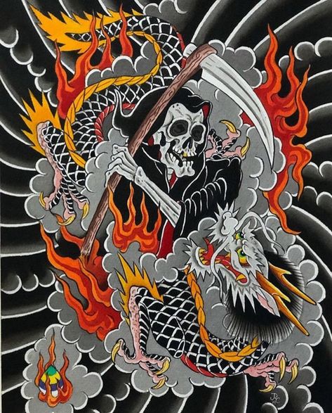 Grim Reaper Tattoos, Traditional Back Tattoo, Chest Tattoo Stencils, Wizard Tattoo, Dragon Tattoo Art, Grim Reaper Tattoo, Reaper Tattoo, Japan Tattoo Design, Japanese Dragon Tattoos