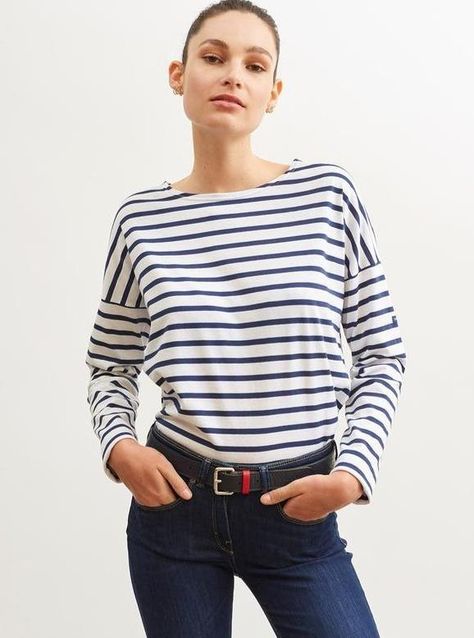 Saint James Apparel Saint James | Minquiers Drop Top in White/Navy Breton Shirt, Breton Stripe Shirt, French Clothing Brands, Sailor Shirt, French Outfit, Fisherman Sweater, Drop Top, Saint James, Nautical Fashion