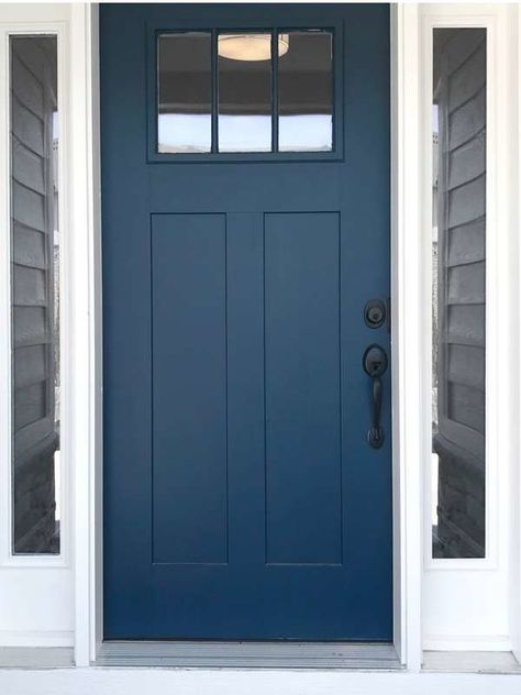 blue front door Blue Door Black Hardware, Exterior Blue Doors, Farmhouse Blue Front Door, Blue Painted Front Doors, Navy Blue Front Door Brick House, Blue Front Door Black Hardware, Modern Door Colors, Front Door With Black Hardware, Black House Blue Door